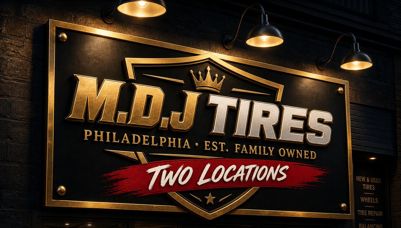 M.D.J Tires storefront brand sign mockup